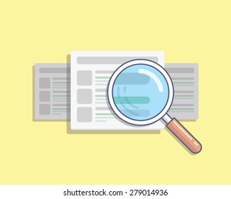 Vector search icon. Look through the loupe on different sources of information and data. Data analysis concept