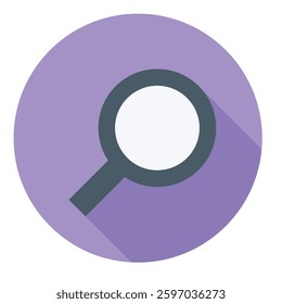 Vector search icon on circle, representing discovery, research, and exploration.