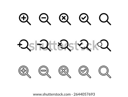 Vector search icon set, zoom in and zoom out symbol illustration.