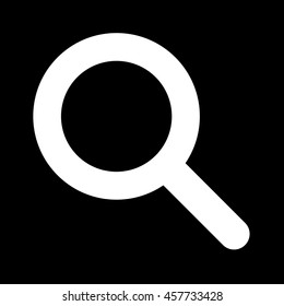 Vector search icon. White symbol on black. Magnifying glass logo. Loupe pictogram. Magnifier emblem.