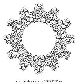 Vector search icons are formed into gear combination. Technical design concept constructed from search pictograms.