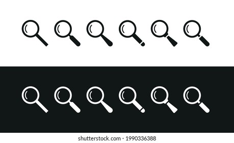 Vector search icons set in black and white colors. Magnifying glass symbol.