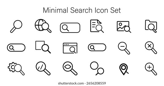 Iconos de búsqueda de Vector y componentes de interfaz de usuario, incluyendo lupa, barras de búsqueda y Botones para Diseño web, App móviles e interfaces UX.