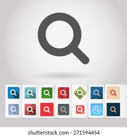 Vector search lens icon and big set of square flat web mobile buttons on paper background