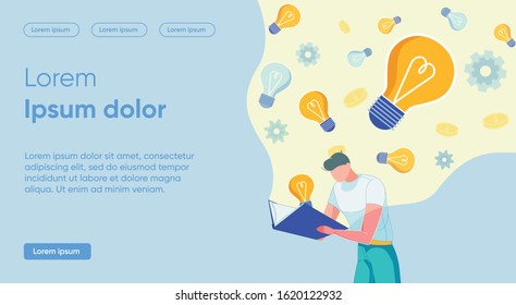 Vector Search for Successful Ideas in Literature. Man in Casual Clothes Bending over Book. Gears and Luminous Bulbs Fly out Book. Guy Looking for Interesting Ideas While Reading Book.