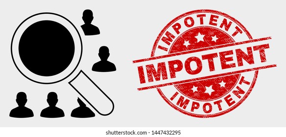 Vector search users pictogram and Impotent seal stamp. Red rounded grunge seal stamp with Impotent text. Vector composition for search users in flat style. Black isolated search users symbol.