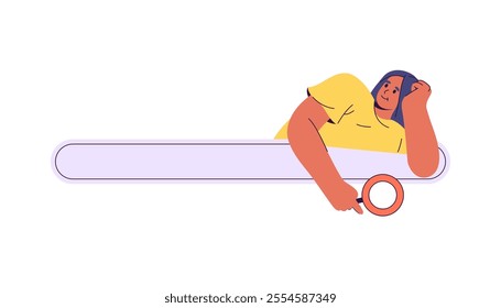 Vector search window or navigation element. Cartoon woman with UI web interface symbol for query typing or searching function. Software data and user friendly field. Interactive digital technology