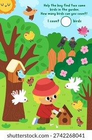 Vector searching and counting game with garden landscape, boy building birdhouse, trees, fence. Find two same birds. Spot hidden objects. Rural seek and find printable activity for kids
