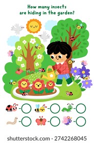 Vector searching and counting game with garden landscape, boy watering flowers, insects. Find the objects. Spot hidden butterfly, ladybird, worm. Rural seek and find printable activity for kids
