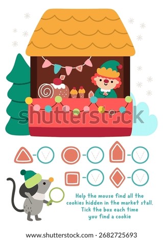 Vector searching game with Christmas fair landscape. Spot the objects. New Year seek and find printable activity for kids. Winter holiday worksheet. Help mouse find cookies hidden in market stall
