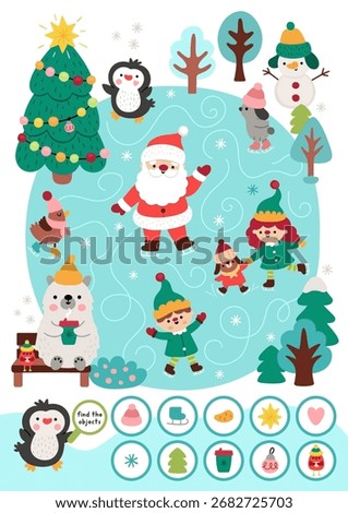 Vector searching game with Christmas landscape. Spot hidden objects. New Year seek and find printable activity for kids. Winter holiday worksheet with Santa Claus and animals skating on rink

