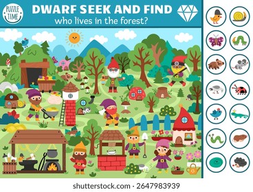 Vector searching game with dwarf village landscape. Spot hidden objects. Seek and find printable activity for kids with forest animals. Magic woodland worksheet with bird, mole, snake, mouse
