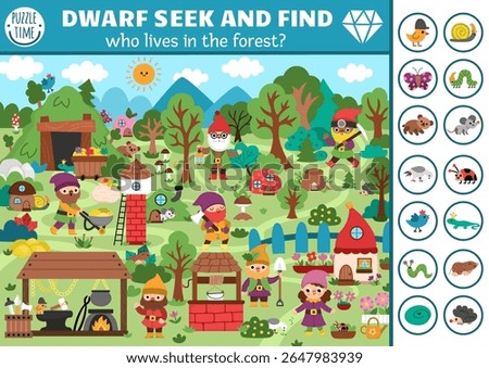 Vector searching game with dwarf village landscape. Spot hidden objects. Seek and find printable activity for kids with forest animals. Magic woodland worksheet with bird, mole, snake, mouse
