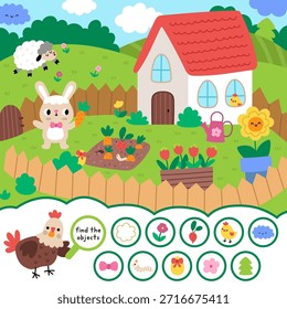 Juego de búsqueda de Vector con paisaje de la aldea de Pascua. Detectar objetos ocultos. Busca y encuentra actividades imprimibles para los niños. Hoja de trabajo de vacaciones de primavera con conejito cultivando zanahorias en su jardín
