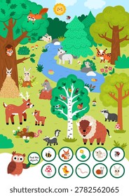 Vector searching game with forest landscape. Spot hidden objects. Woodland seek and find printable activity for kids. Wild nature worksheet with animals, trees, deer, lynx, bison, skunk

