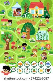 Vector searching game with garden landscape. Find the objects. Spot hidden plant, flower, bee, cat, chick. Rural seek and find printable activity for kids. Spring worksheet with kids gardeners
