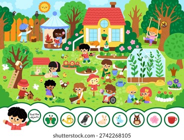 Vector searching game with garden landscape. Find the objects. Spot hidden butterfly, watering can, bird. Rural seek and find printable activity for kids. Spring worksheet with kids gardeners
