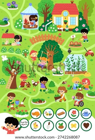 Vector searching game with garden landscape. Find the objects. Spot hidden plant, flower, bee, cat, chick. Rural seek and find printable activity for kids. Spring worksheet with kids gardeners
