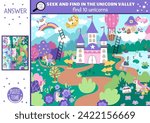 Vector searching game with magic village landscape. Spot hidden unicorns. Simple fantasy or fairytale world seek and find educational printable activity for kids with castle, rainbow, forest
