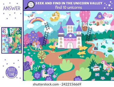 Vector searching game with magic village landscape. Spot hidden unicorns. Simple fantasy or fairytale world seek and find educational printable activity for kids with castle, rainbow, forest
