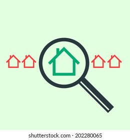 vector searching for house of home with magnifying glass real estate icon | modern flat design white pictogram isolated on green background