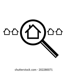 vector searching for house of home with magnifying glass real estate icon | modern flat design black pictogram isolated on white background