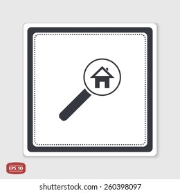 Vector searching for house of home with magnifying icon. Flat style. Emblem or label with shadow.