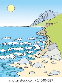 Vector seascape. Clear sunny day on the beach with a rocky cliff