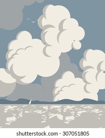 Vector seascape with clouds sailboat and mountains