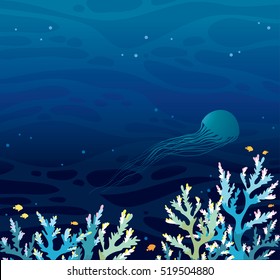 Vector seascape - coral reef and silhouette of jellyfish on a night sea background. Vector illustration.