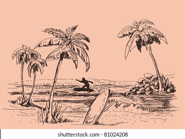 Vector Seascape drawing with palm