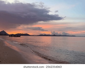 Vector seascape during sunset, with soft pastel hues of pink, orange, and blue blending across the sky and reflecting on the calm water. 