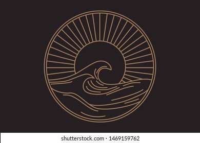 Vector seascape illustration, summer sea with big wave and sun, logo in a circle
