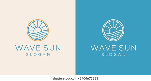 Vector seascape illustration summer sea with big waves and sun logo in a circle