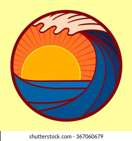 Vector seascape illustration, summer sea with big wave and sun going down at sunset logo in a circle