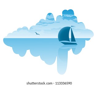 Vector seascape on summer journey to the ship, clouds and a seagull