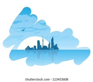 Vector seascape on summer journey to the city, clouds and a seagull