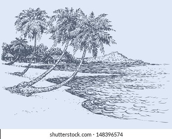 Vector seascape. Palm trees near the village on the shore of the ocean