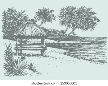 Vector seascape. Palm trees near the bungalow on the seashore 