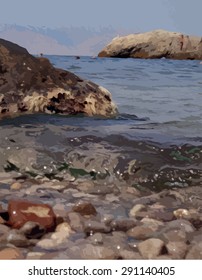Vector seascape with pebbles in the foreground and mountains in the background 