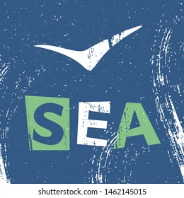 Vector seascape. Seagull flying over the waves with the inscription original design. Can be used for poster, greeting card, birthday party, invitation. Vector illustration