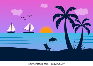 Vector seascape and sky background. Tropical Beach and Palm Trees Silhouette Travel Holiday Vacation Concept.