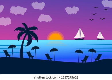 Vector seascape and sky background. Tropical Beach and Palm Trees Silhouette Travel Holiday Vacation Concept.