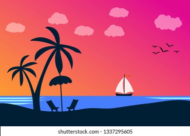 Vector seascape and sky background. Tropical Beach and Palm Trees Silhouette Travel Holiday Vacation Concept.
