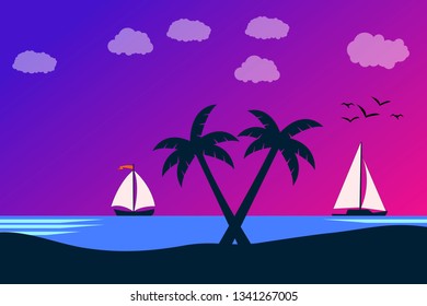 Vector seascape and sky background. Tropical Beach and Palm Trees Silhouette Travel Holiday Vacation Concept.