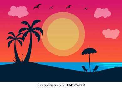 Vector seascape and sky background. Tropical Beach and Palm Trees Silhouette Travel Holiday Vacation Concept.