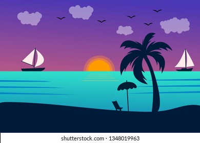 Vector seascape and sky background. Tropical Beach and Palm Trees Silhouette Travel Holiday Vacation Concept.