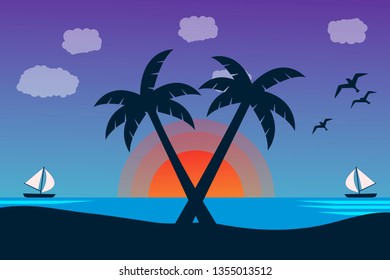 Vector seascape and sky background. Tropical Beach and Palm Trees Silhouette Travel Holiday Vacation Concept.