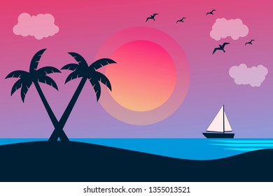 Vector seascape and sky background. Tropical Beach and Palm Trees Silhouette Travel Holiday Vacation Concept.