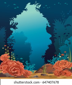 Vector seascape with underwater cave, coral reef and school of fishes on a blue sea background. Marine life illustration.